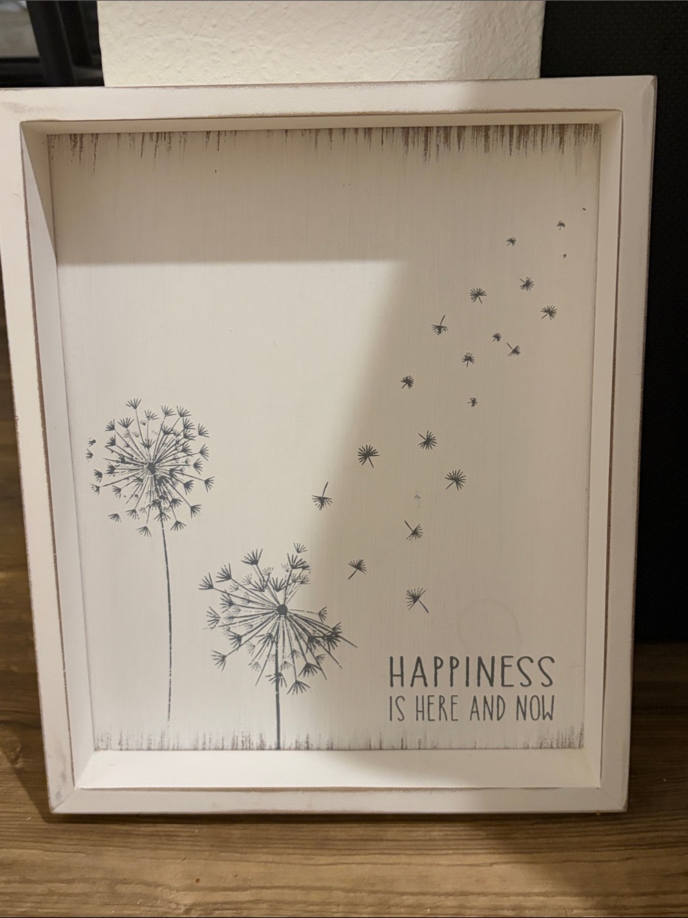 Dandelion Wall Art Sign "Happiness Is Here and Now" - White & Gray